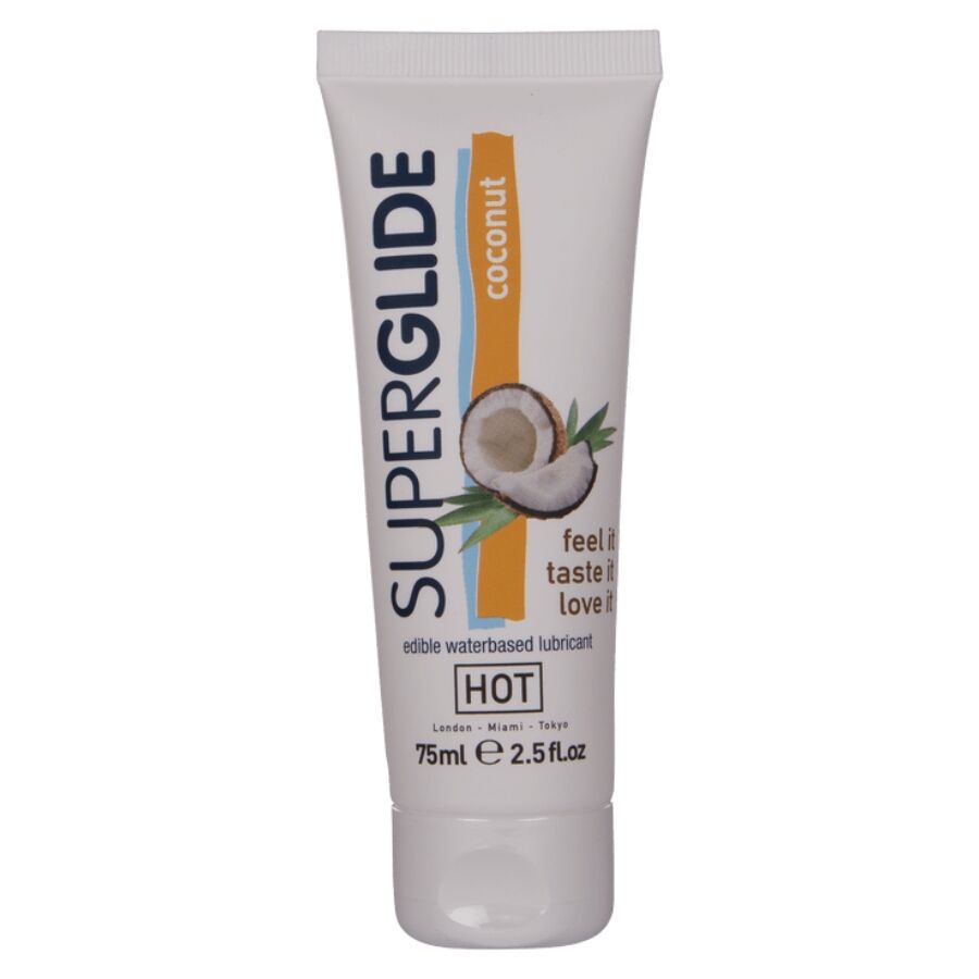 Tube blanc et orange du lubrifiant comestible Superglide saveur noix de coco HOT 75 ml