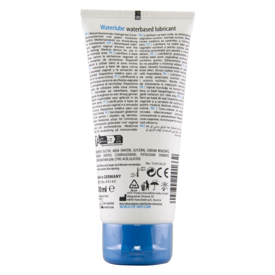 Dos du tube Waterlube HOT avec liste d'ingrédients et informations en plusieurs langues