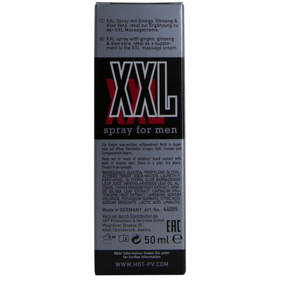 Dos de l'étui du spray XXL pour homme de Hot avec la liste des ingrédients