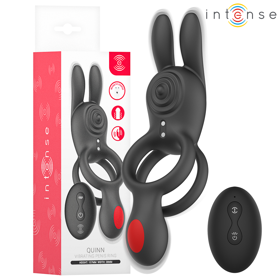 Cockring vibrant Quinn d'Intense noir et rouge devant sa boîte, télécommande à côté
