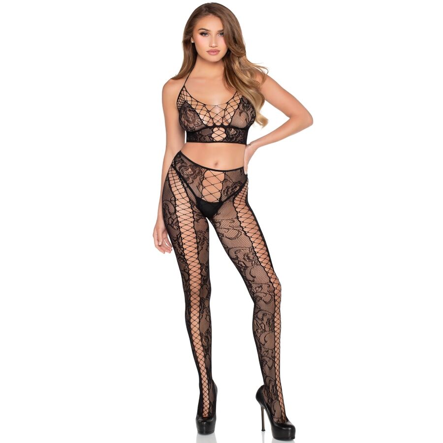 Ensemble Crop Top et Collants Résille Dentelle Col Halter - Leg Avenue