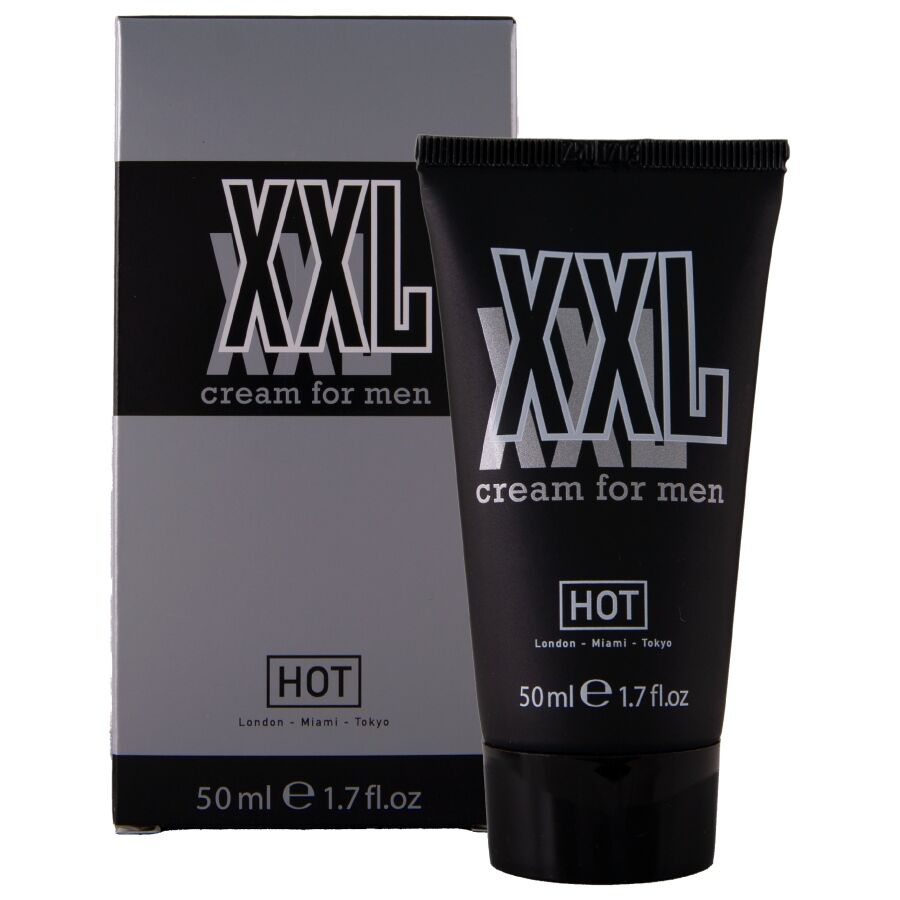 Tube noir et étui gris de la crème de massage intime XXL cream for men de Hot, 50 ml