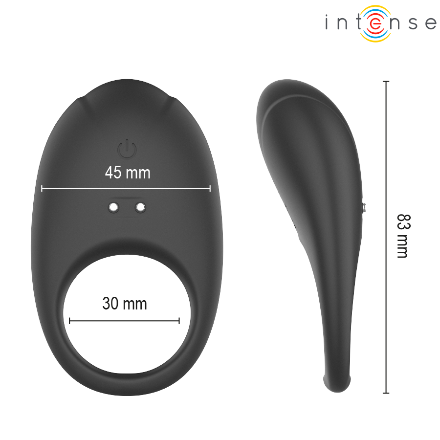 Cotes du cockring Merlotte d'Intense : 83 mm de haut, 45 mm de large, anneau de 30 mm