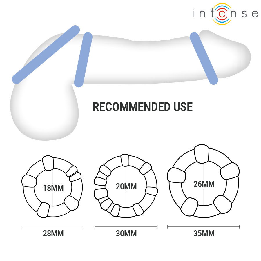 Schéma d'emplacement et diamètres des 3 cockrings Bourne d'Intense : 18, 20 et 26 mm