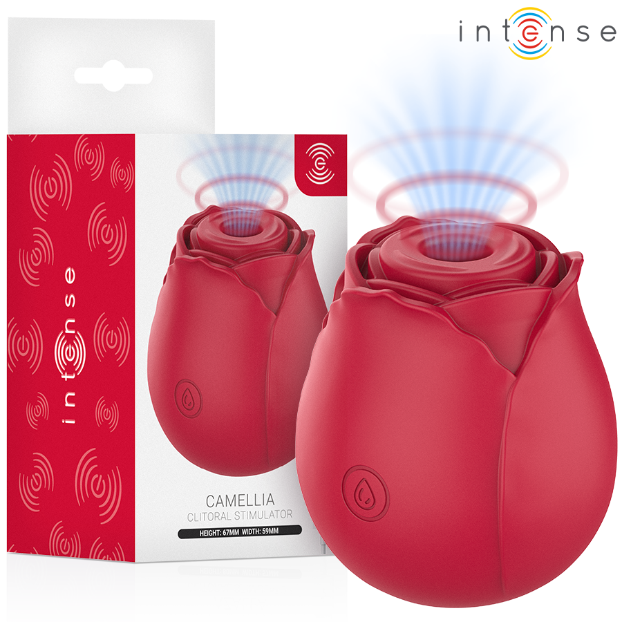 Stimulateur clitoridien rose Camellia d'Intense devant sa boîte, ondes de pression