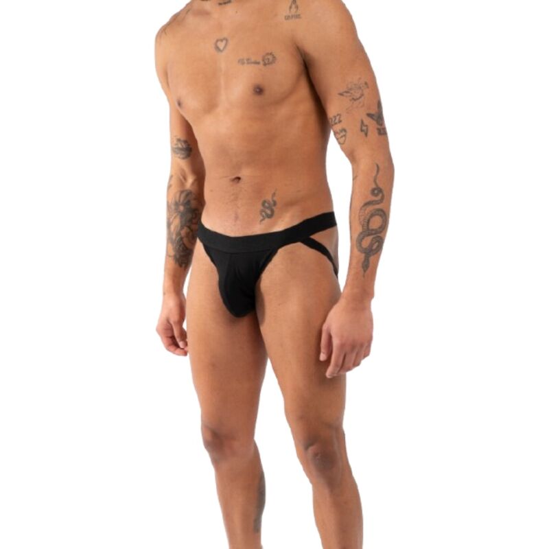Homme debout en jockstrap noir 011 Double Jock de Burn, silhouette complète