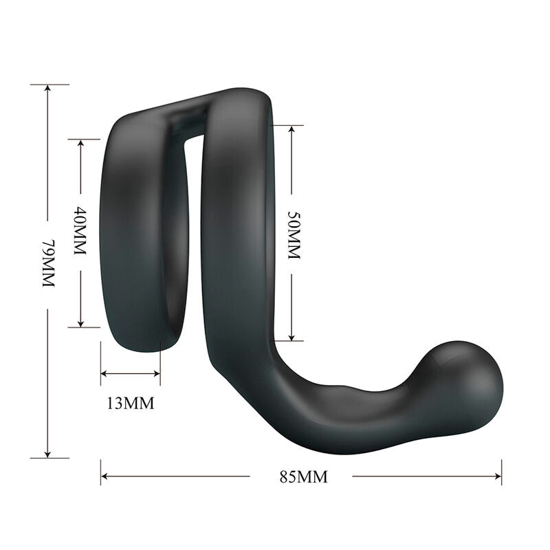 Cotes du cockring Yancy : 85 mm de long, 79 mm de haut, anneaux de 40 et 50 mm