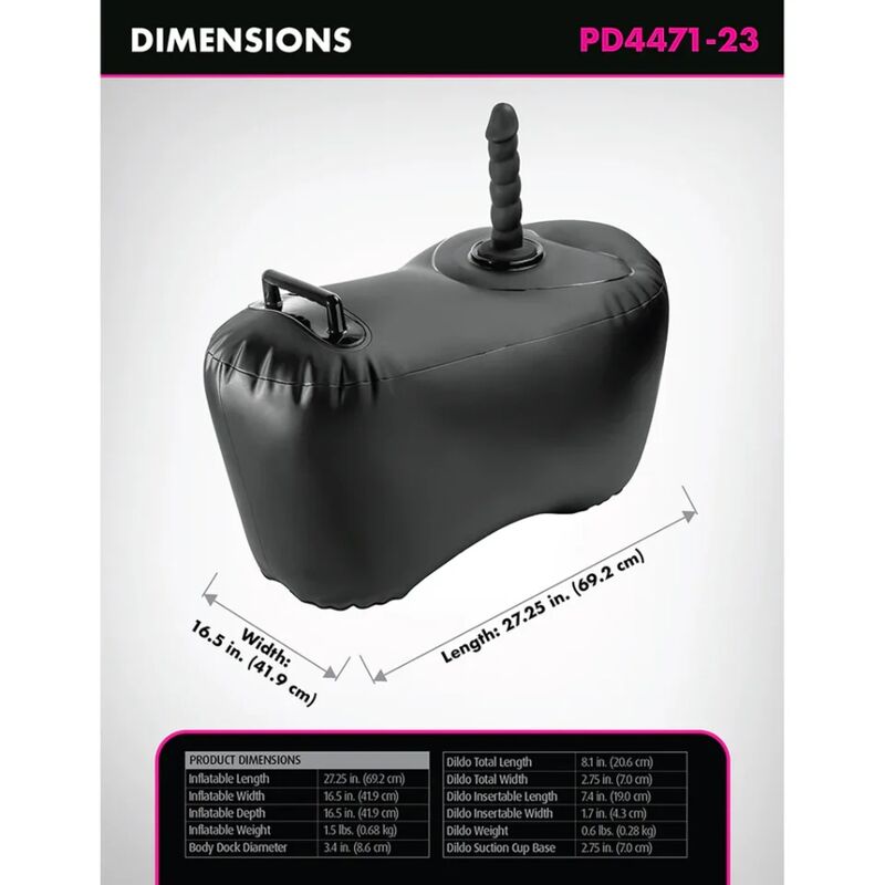 Fiche de dimensions du siège gonflable Body Dock Love Seat et de son gode