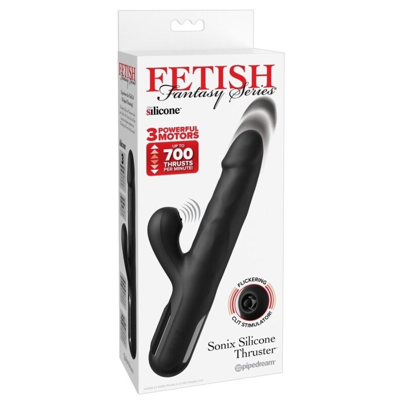 Boîte du vibromasseur rabbit Sonix Silicone Thruster noir de Fetish Fantasy