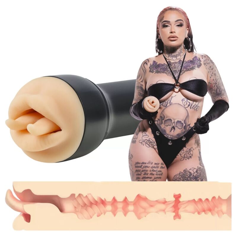 Masturbateur bouche Raven Mouth Kiiroo dans son étui noir avec coupe du canal texturé