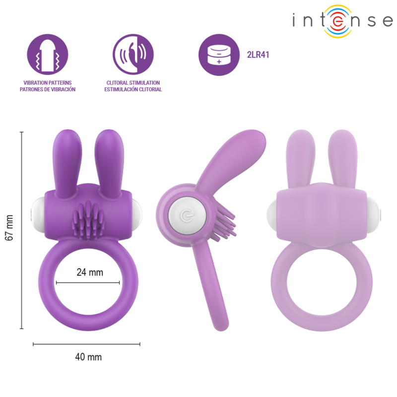 Planche de cotes du cockring Hopps violet : hauteur 67 mm, largeur 40 mm, anneau 24 mm