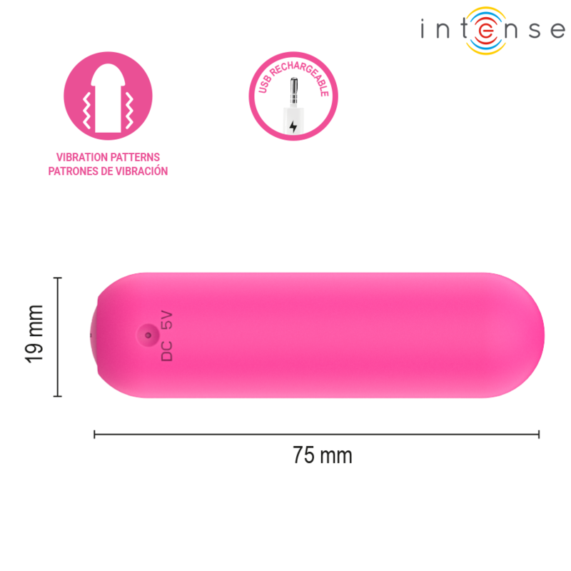 Cotes du bullet Judy rose d'Intense : 75 mm de long pour 19 mm de diamètre