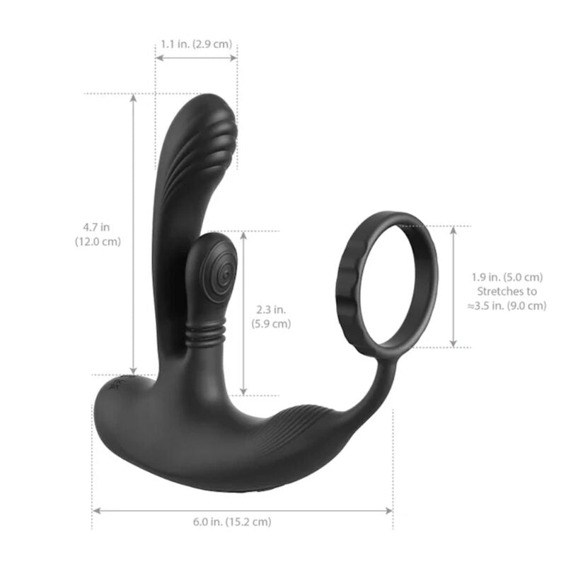 Cotes du stimulateur Ass-Gasm : tige de 12 cm, anneau de 5 cm et longueur de 15,2 cm