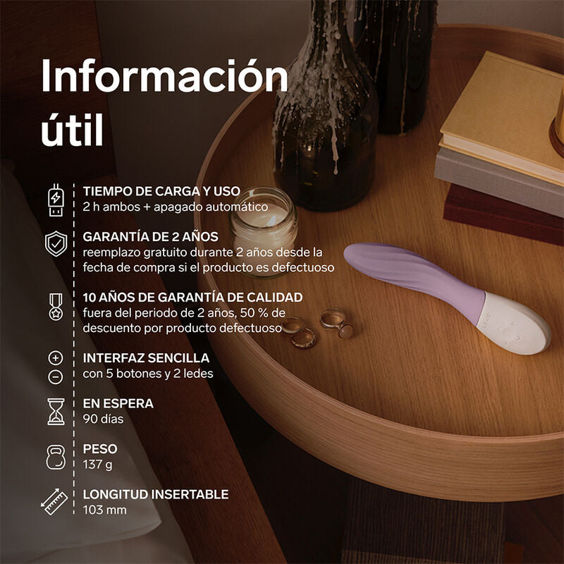 Informations pratiques Lelo sur un Mona lilas : charge, garanties, poids 137 g
