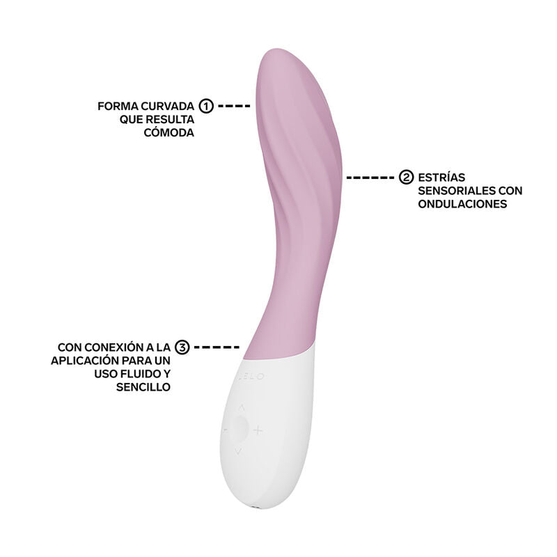 Mona Twist rose de Lelo annoté : forme courbée, stries et connexion à l'application
