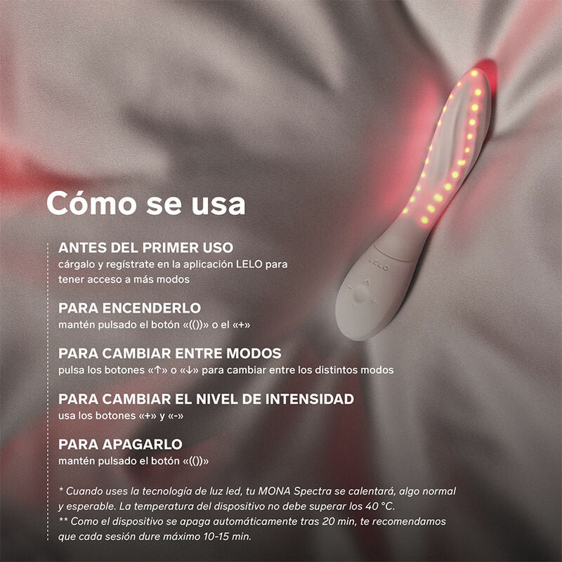 Mode d'emploi illustré du Mona Spectra de Lelo à LED rouges sur tissu gris