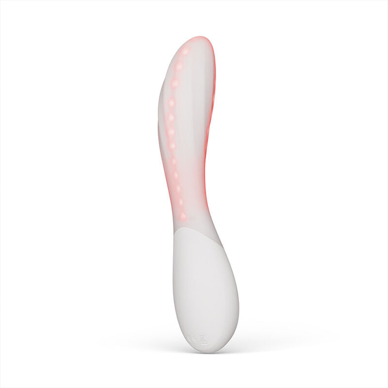Visuel de la gamme Mona de Lelo : modèle Spectra blanc à LED rouges, vue de face