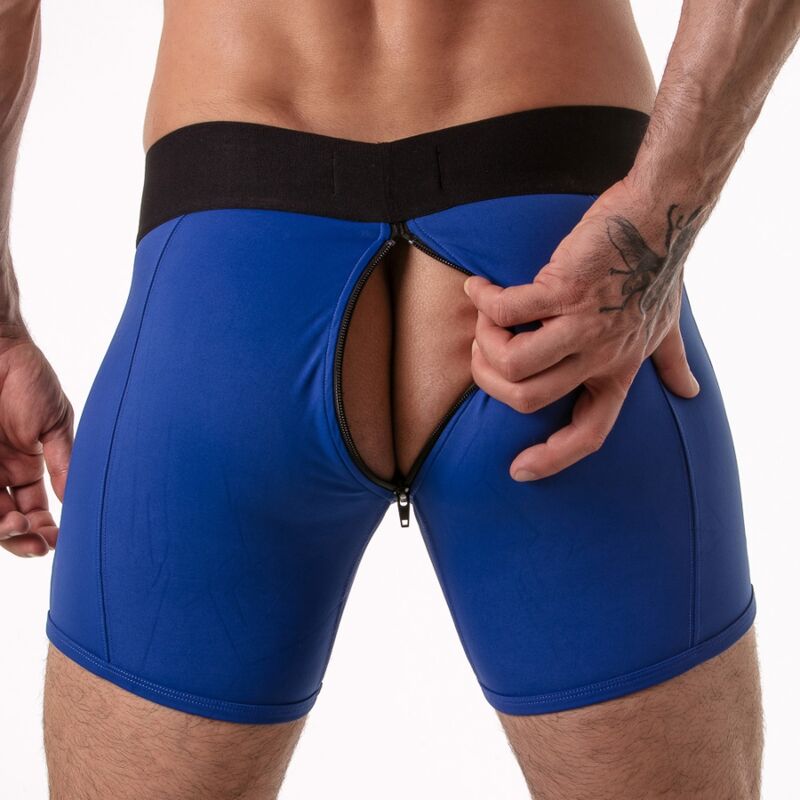 Zip arrière du boxer Locker Gear bleu ouvert, main écartant le tissu extensible