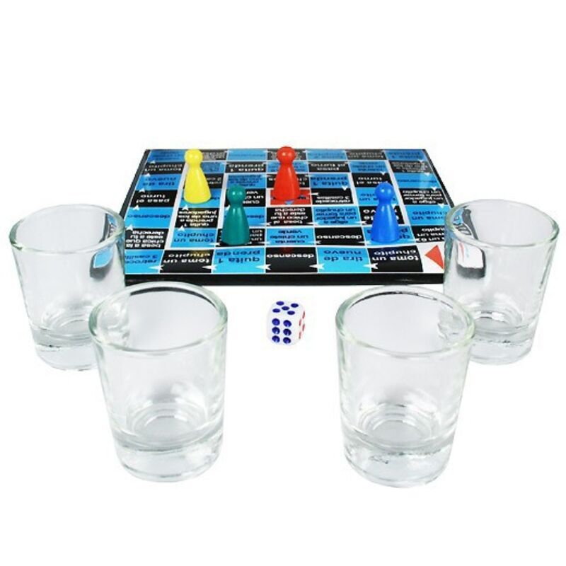 Jeu à boire Crazy Dice Diablo Picante avec plateau, pions, dé et quatre verres à shot