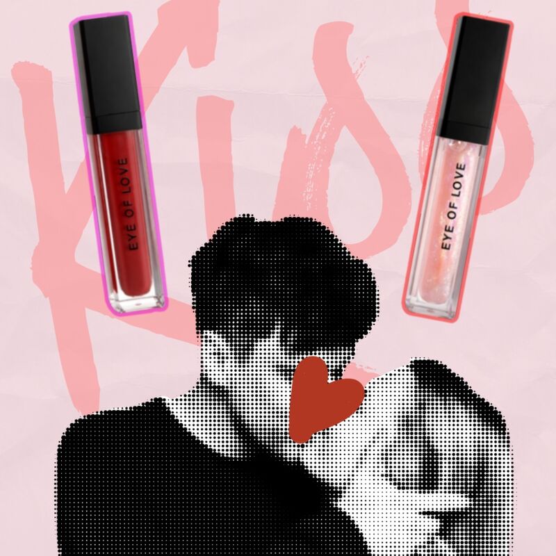 Illustration de couple et glosses Matchmaker Eye Of Love sur fond rose