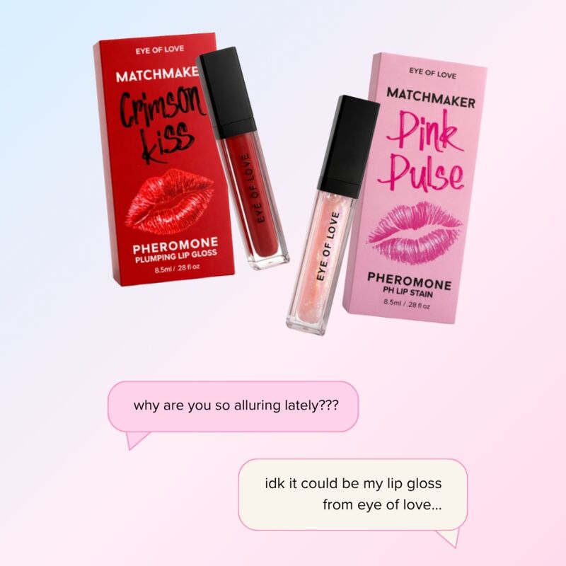 Boîtes des glosses Pink Pulse et Crimson Kiss Eye Of Love avec conversation