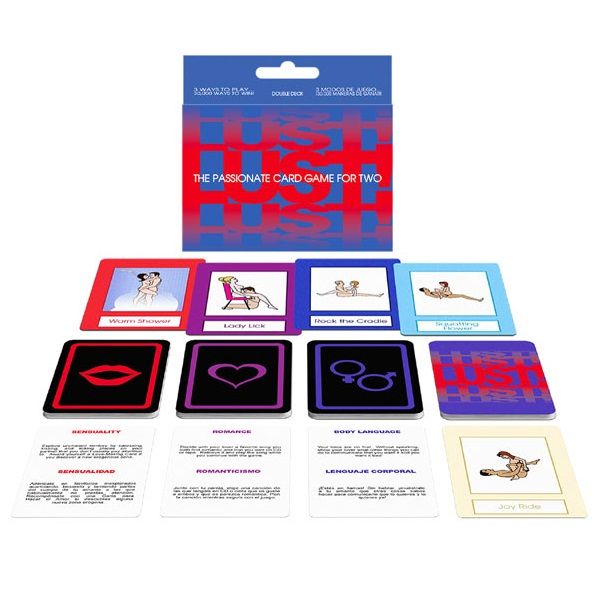 Cartes du jeu Lust Kheper Games étalées sous leur boîte, catégories illustrées