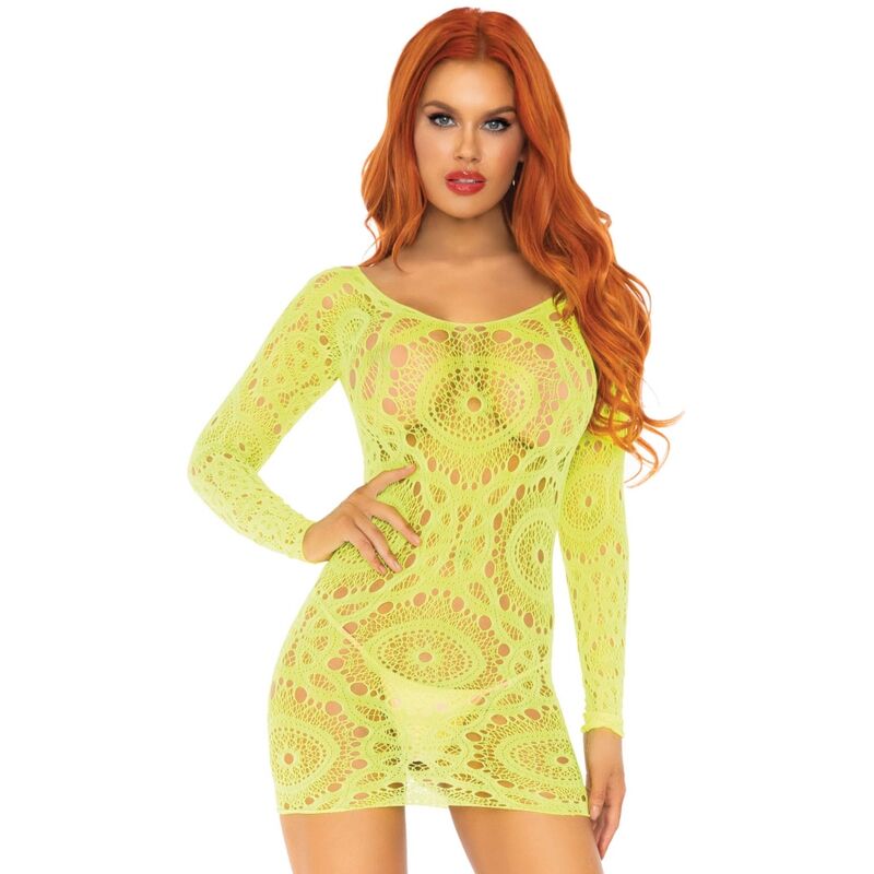Mini Robe Dentelle Crochet Manches Longues Néon Taille Unique - Leg Avenue