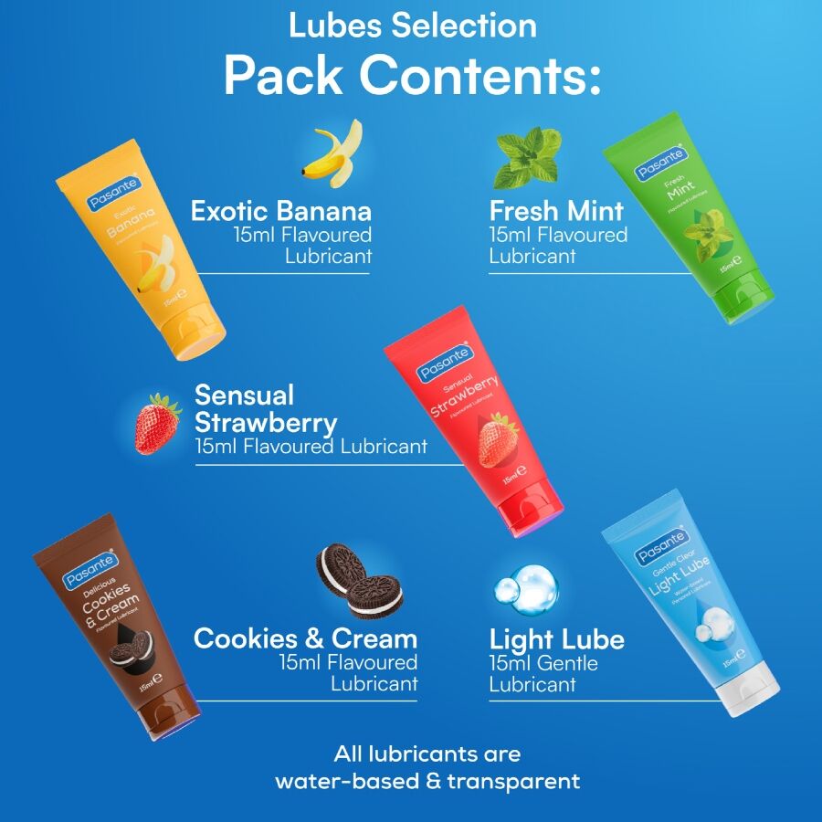 Pack Lubrifiants Aromatisés Base Eau 5 Saveurs Assorties 5 x 15 ml - Pasante