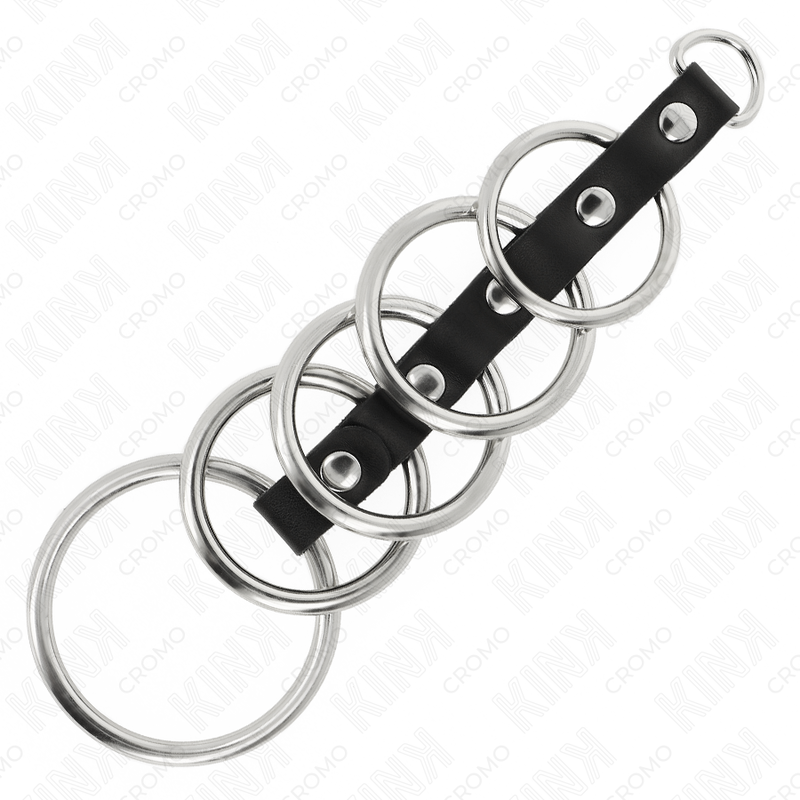 Set 5 Cockrings Métal 3,2 à 5 cm Reliés par Cuir - Kink Ring Power
